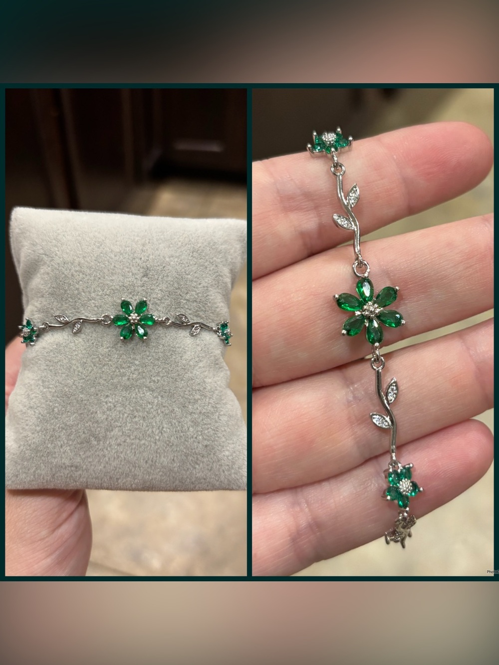 Silver Floral Bracelet with Emerald Green Stones